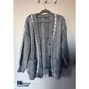 Vintage Womens Black and White Cardigan Sweater Cable Knit Loose Oversize Size L